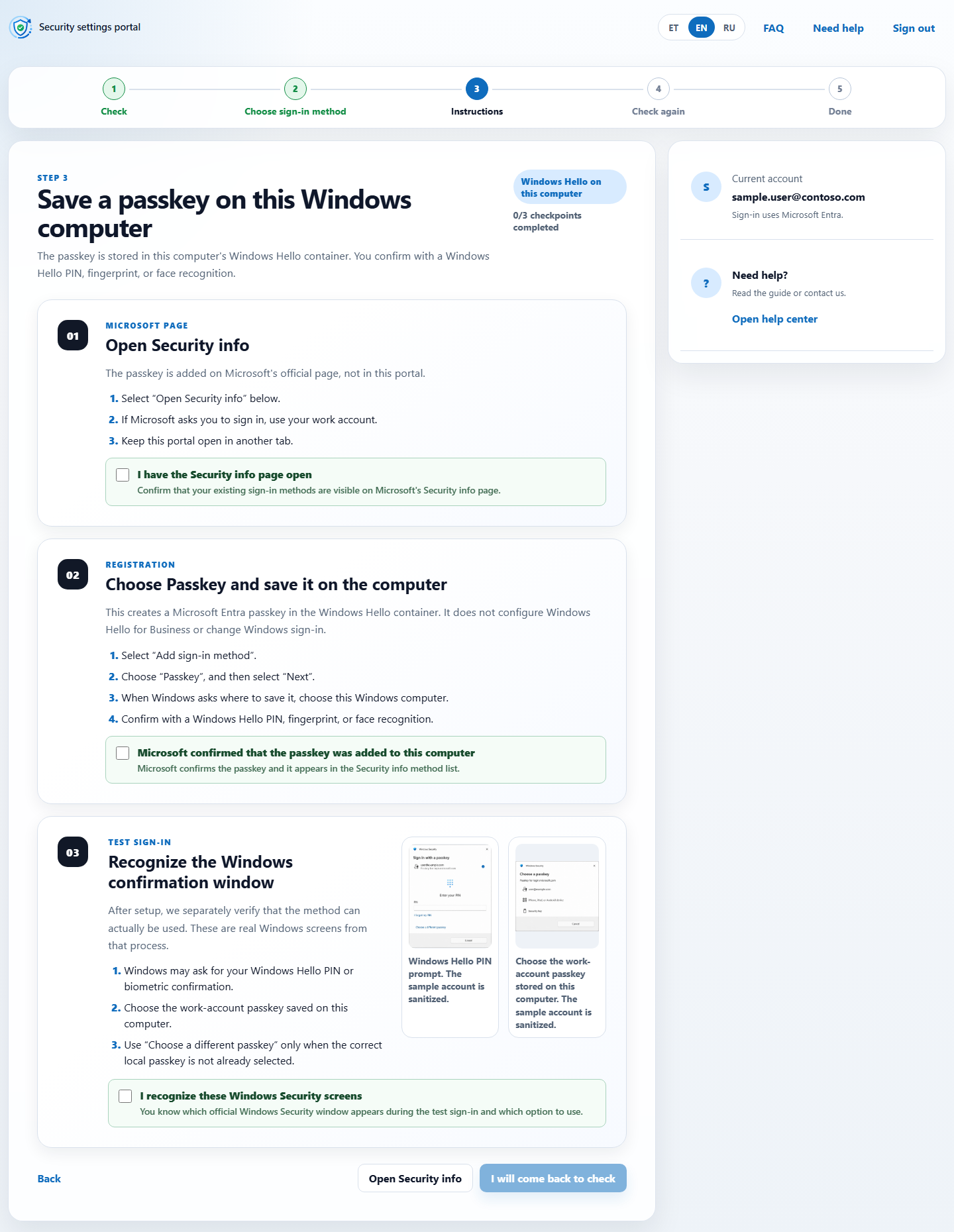 Portal guide for saving a passkey on a Windows computer, with three steps and a checkpoint under each step