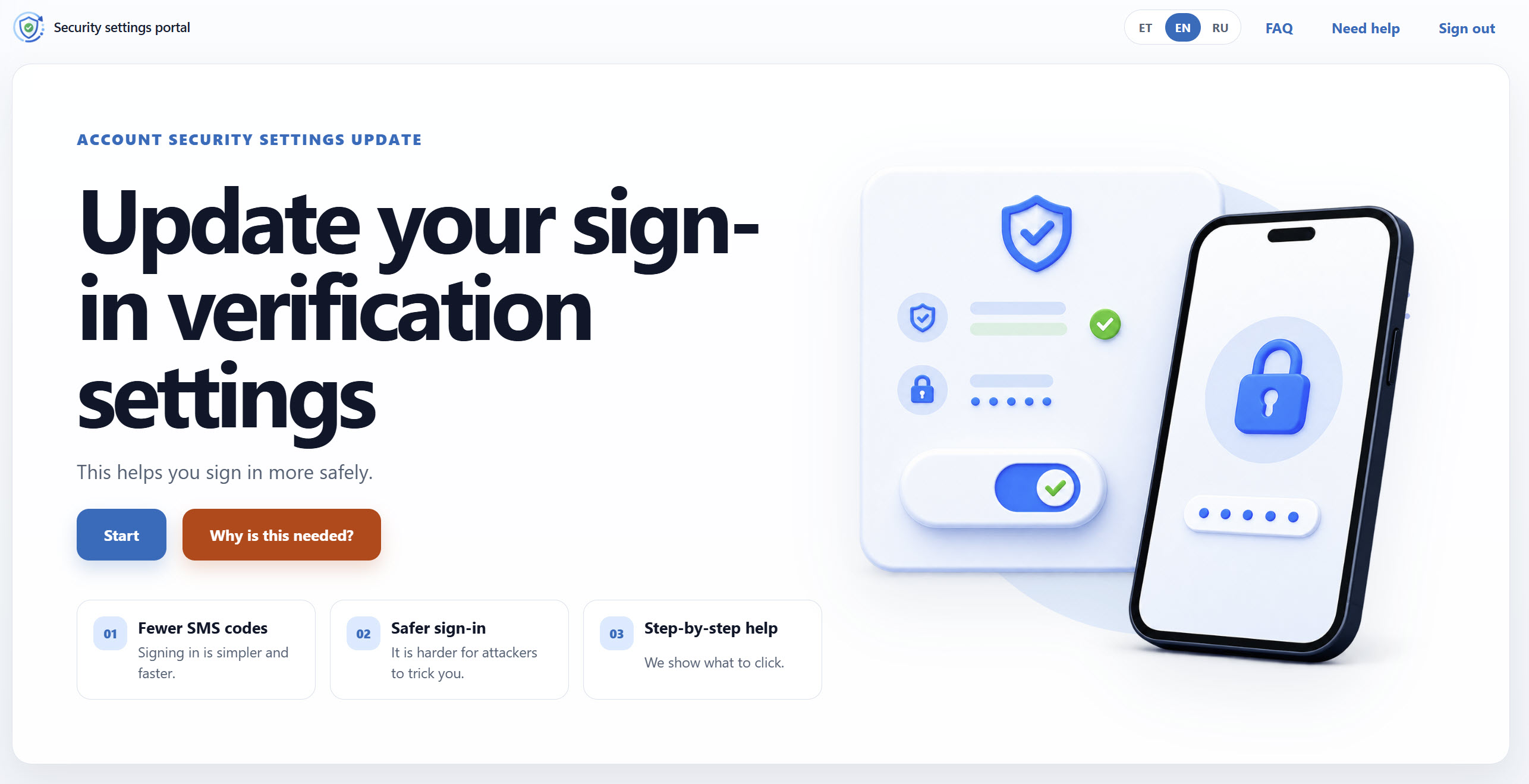 LakeForest guided migration portal helping a user update authentication methods